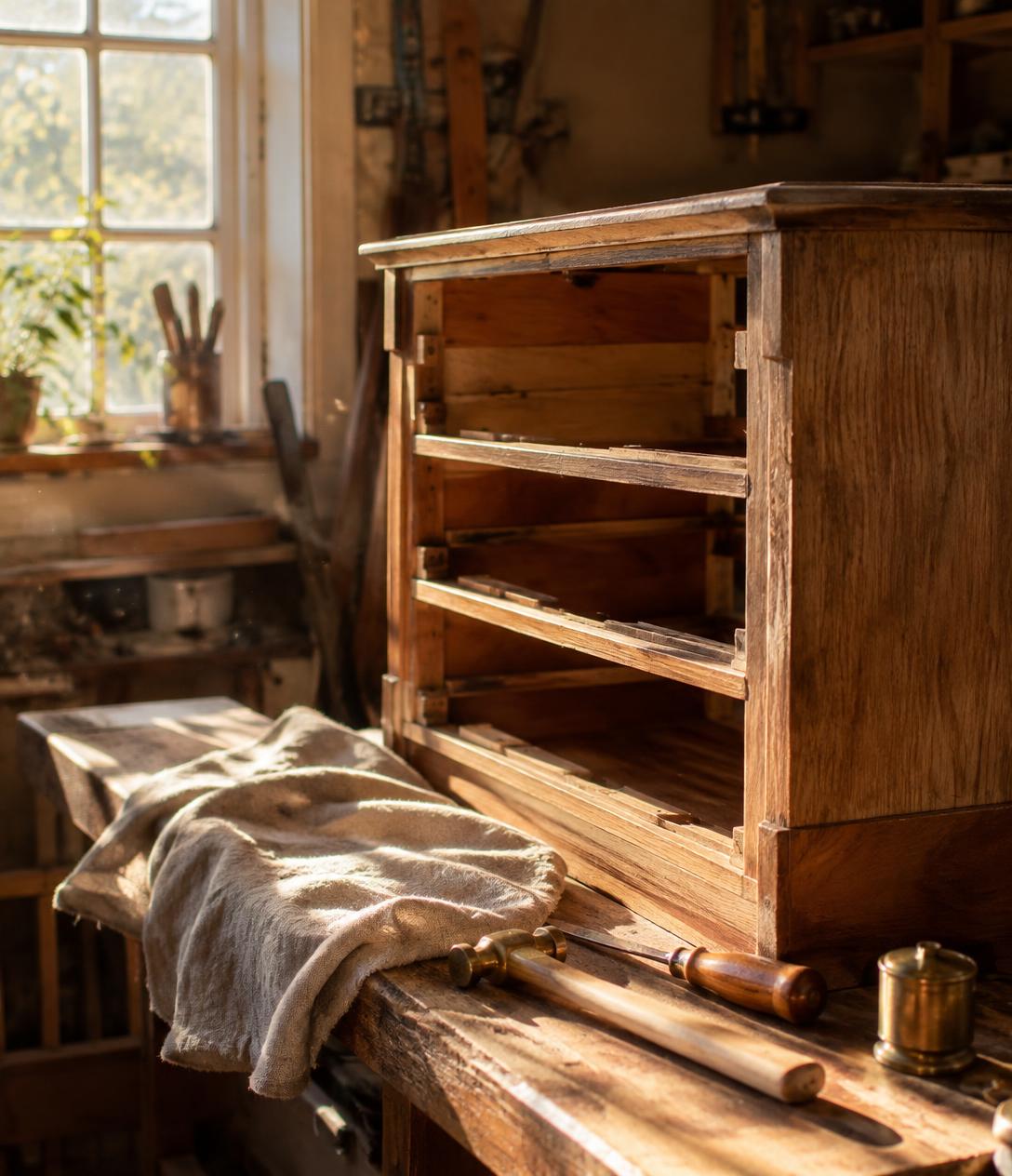 A solid oak dresser in a sunlit room